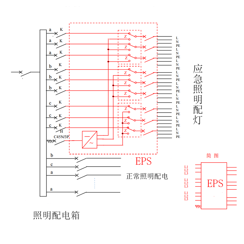 应急电源EPS三相多路输入三相多路输出，应急时单相多路输出接线图